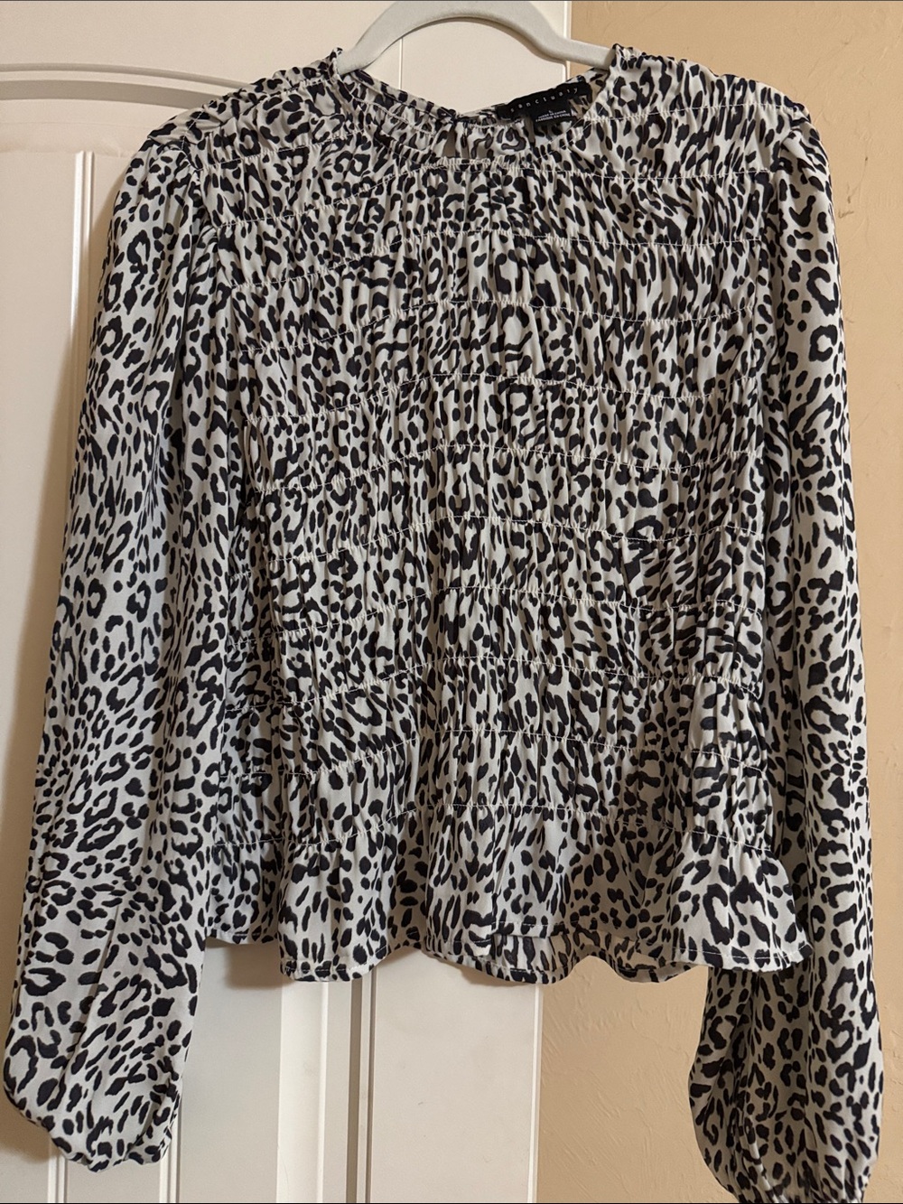 Smocked Long-Sleeve Leopard Print Women’s Top - Black & Off White